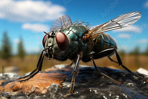 Macro photo of a fly on a stone. Generated by artificial intelligence