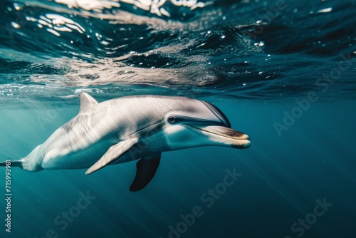 Graceful cetacean glides through the tranquil depths  its fin cutting through the water as it joins its fellow marine mammals in an underwater ballet
