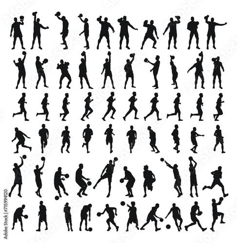 Large collection of silhouettes of basketball players, weightlifters, runners, isolated vector