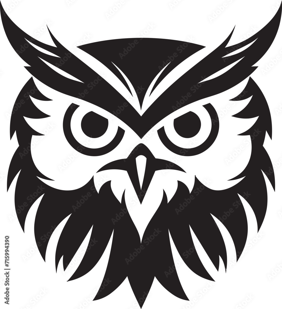 Dark Owl Silhouette Intricate Noir Inspired Black Icon Design Nocturnal Guardian Sleek Vector Logo with Elegant Owl Emblem