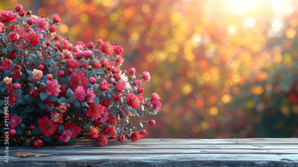 A bush of colorful flowers sitting on top of a sturdy wooden table. - obrazy, fototapety, plakaty 