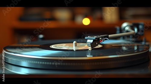 old vinyl player, a record player with a record in the foreground and a blurry background of a record player's turntable