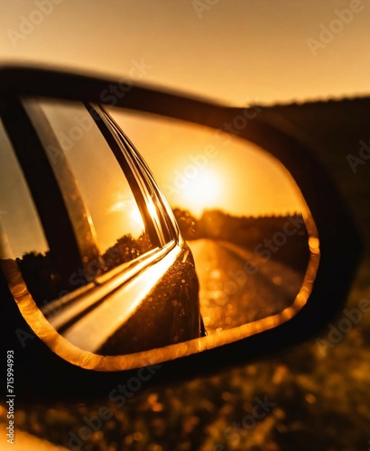 On the road. Travel background. Sunset on car rear view mirror. © D'Arcangelo Stock