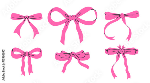 Hand drawn silk bows. Birthday gifts pink ribbon decoration, holidays gift boxes packaging elements flat vector illustration set. Rosy bows collection