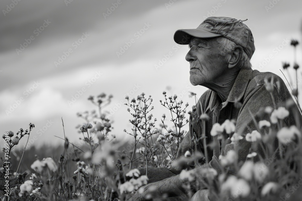 Man Standing in Field of Flowers