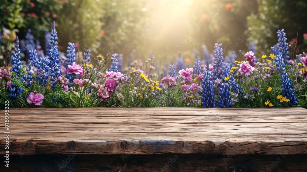 Obraz premium A wooden table is surrounded by an array of vibrant and diverse flowers in this captivating photograph.
