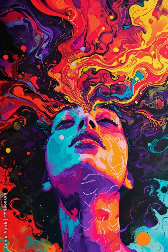 A vibrant woman with a psychedelic hairdo is captured in a modern abstract painting, bringing to life the vivid colors and energy of human expression through art