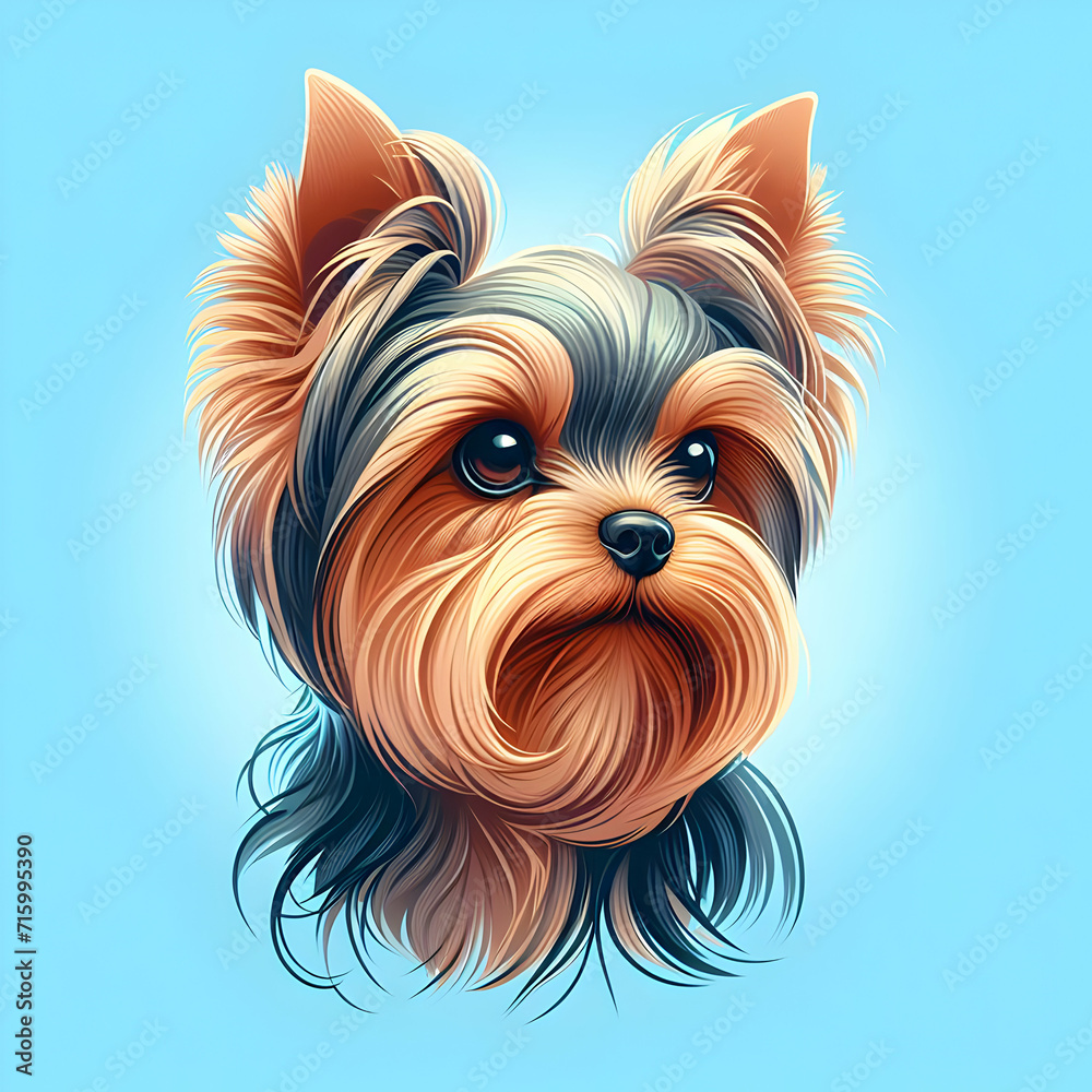 Portrait of a Cute Stylized Yorkshire Terrier Isolated on Pastel Blue Background