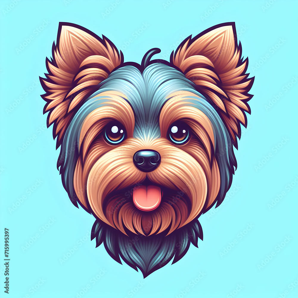 Portrait of a Cute Stylized Yorkshire Terrier Isolated on Blue Background