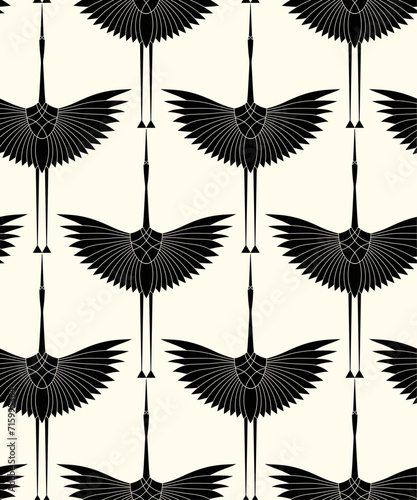 Herons in Art Deco style. Seamless Pattern for interior decoration, textiles. Fashionable home decor. Vector illustration texture isolated on white vintage background