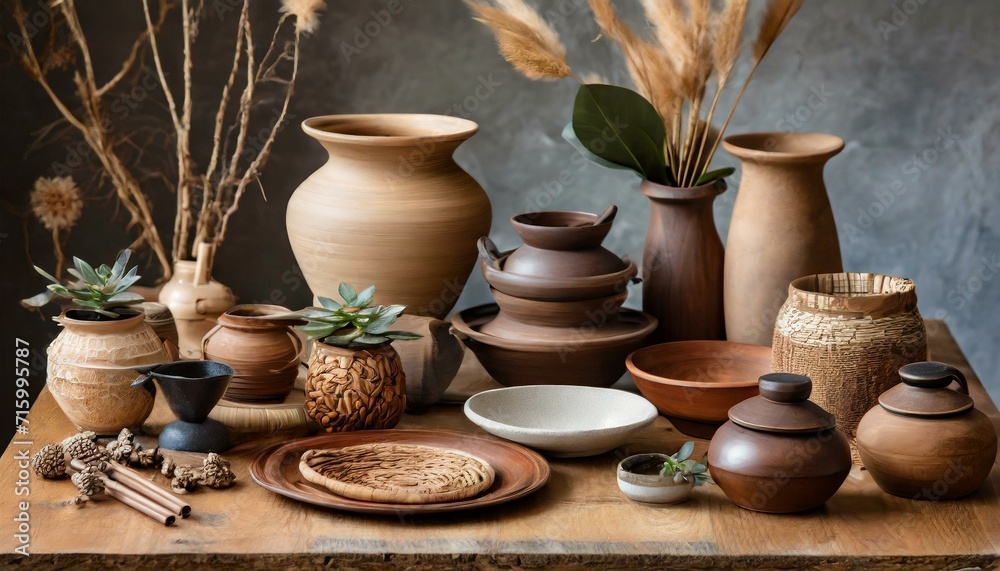 Still life. A styled table of pots, vases, plates and ceramic and wooden decor items. Still life. A styled table of pots, vases, plates and ceramic and wooden decor items.