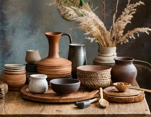 Still life. A styled table of pots, vases, plates and ceramic and wooden decor items. photo