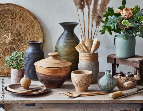 Still life. A styled table of pots, vases, plates and ceramic and wooden decor items. photo