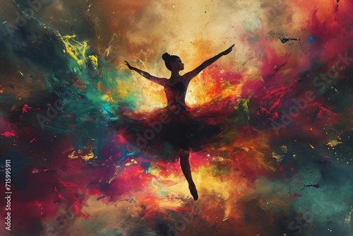 A vibrant masterpiece comes to life as a graceful woman in a tutu dances amidst a swirling canvas of colorful paint photo