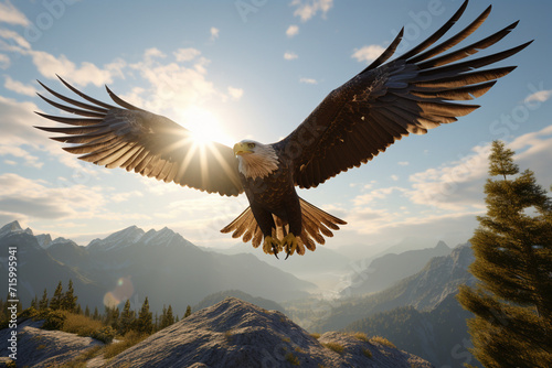 bald eagle in flight, sun rays created using generative AI tools