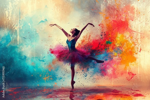 Leinwand Poster Vibrant strokes of acrylic paint bring a graceful dancer to life, twirling in a