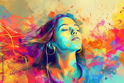 A mesmerizing portrait of a woman lost in the vibrant swirls of modern art  her eyes closed and headphones on as she becomes one with the colorful acrylic paint surrounding her