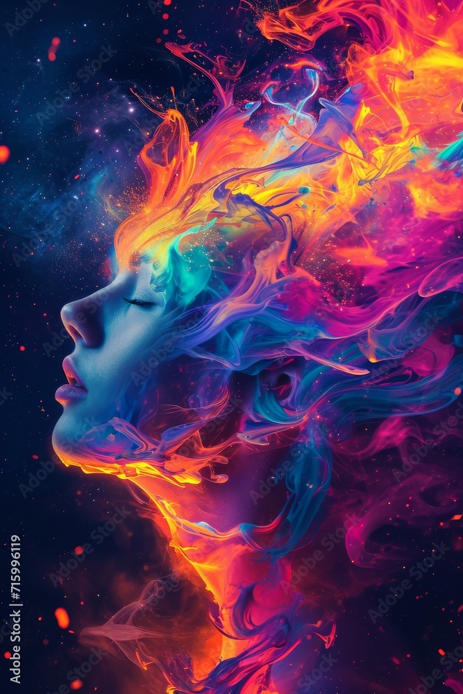 A vibrant display of artistic expression unfolds as a woman enveloped in colorful smoke captivates with her abstract fractal art