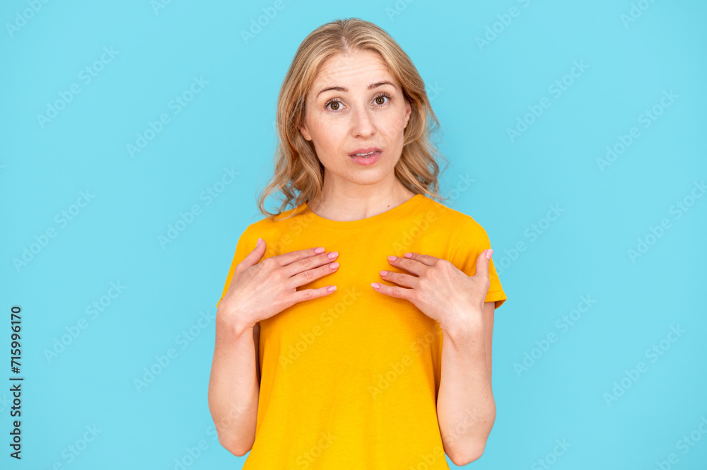 Portrait of puzzled unsure woman points at herself Portrait of puzzled unsure woman points at herself