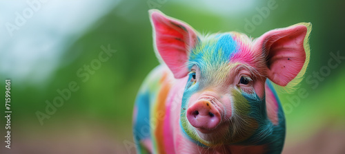 a rainbow colored pig with green background. colorful pig with rainbow-colored hair. It is a mammal, specifically a domestic pig, and is shown outdoors in a close-up shot. photo
