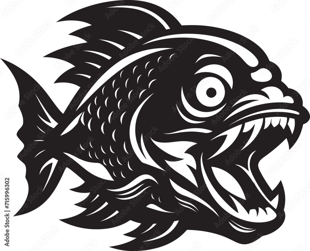 Dark Water Fury Emblem Sleek Vector Silhouette in Noir Black Jaws of Chaos Chic Black Icon with Elegant Piranha Design