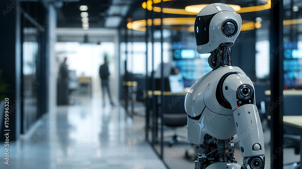 Um robô ultramoderno e elegante fica em um espaço de escritório movimentado sua estrutura metálica refletindo a luz ambiente