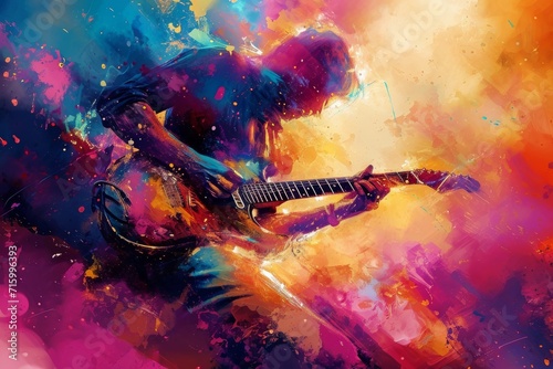 A vibrant painting captures the soulful essence of a man strumming his guitar, blending art and anime in a harmonious melody
