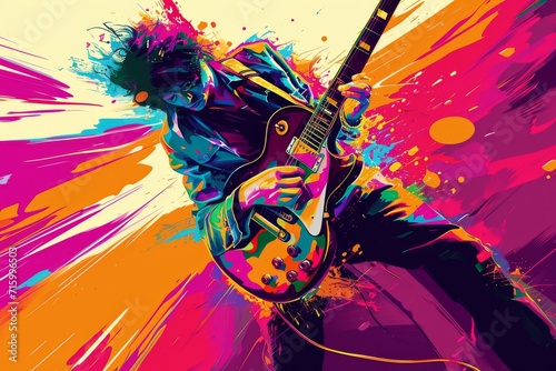 A contemporary masterpiece of graphic design, this vibrant painting captures the raw emotion and energy of a man playing his guitar, blending elements of anime and modern art to create a striking ill photo