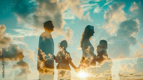 Double exposure portrait of a family blended with a tranquil beach nature background