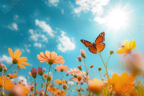 Butterfly Soaring Above Flowering Field