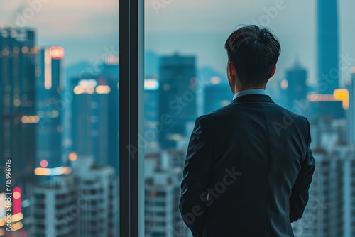 Man Standing in Front of Window, Gazing at Cityscape