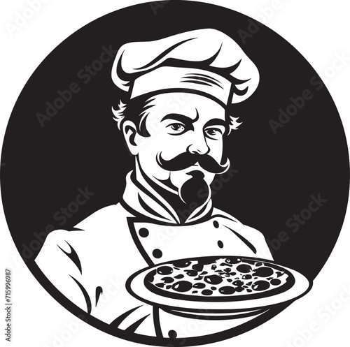 Pizza Delight Maestro Sleek Black Logo for a Captivating Pizzeria Pepperoni Passion Intricate Vector Emblem with Noir Pizzaiolo Touch