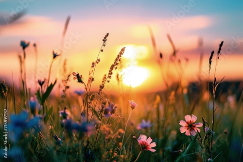 Sun Setting Over Wildflowers in Field