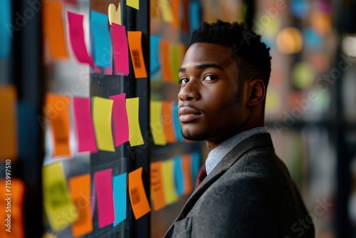 Man Standing Next to Sticky Note Covered Wall