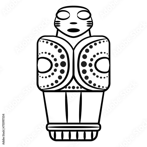 Stylized figurine of a man. Tribal idol. Native American pre Columbian art from Costa Rica. Black and white linear silhouette.