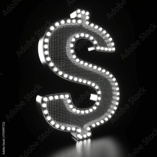 White LED Dollar Sign isolated on Black Background. Photorealistic Buck Sign on Black backdrop. Square Illustration. Ai Generated Finance and Currency 3D Symbol.