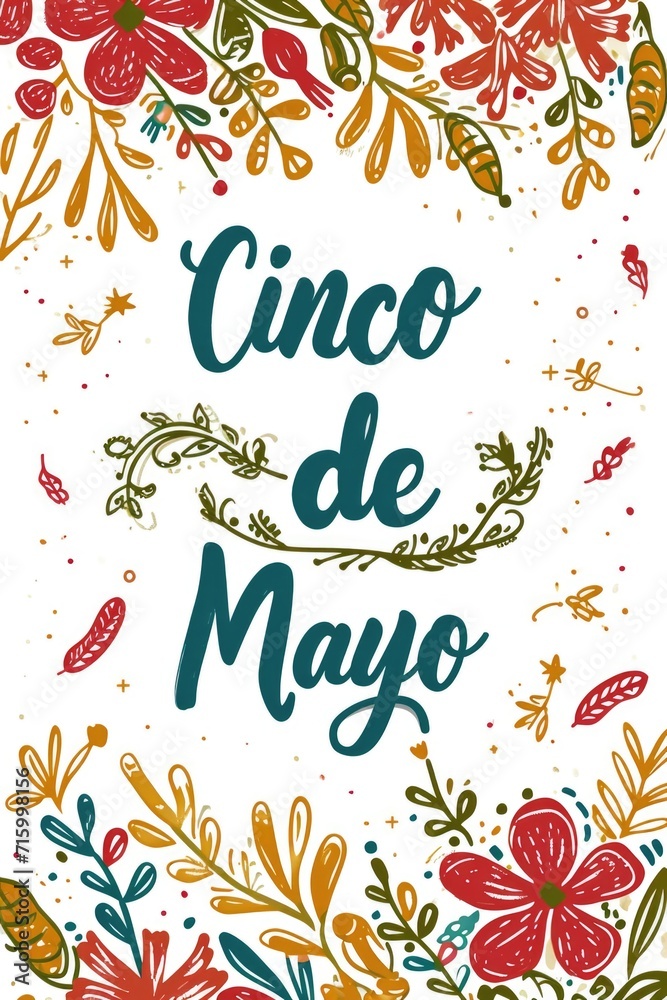 Cinco de mayo lettering text with flowers, traditional Mexican Holiday. Typography quote for greeting card