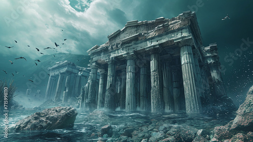 An ancient Greek temple submerged in the Atlantic, creating a fantastical underwater scene The classical ruins contrast with the marine surroundings, as sea creatures swim among the temple's on © 1st footage