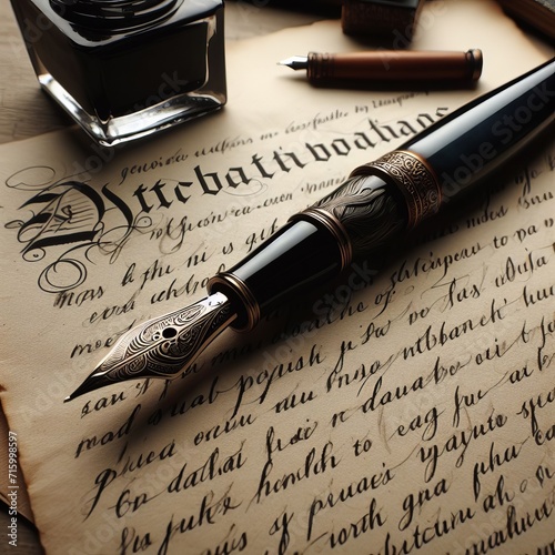 pen with a feather lies on paper with a manuscript photo