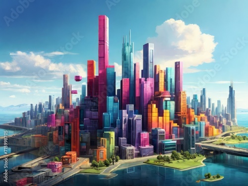 modern city with skyscrapers cube cartoon buildings view