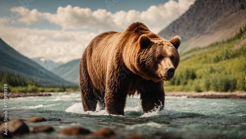 Wild brown bear in the water, blurred mountains background. Big bear in the river