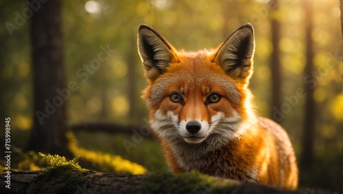 Red fox face portrait in the wild forest. Vulpes vulpes look at camera, closeup