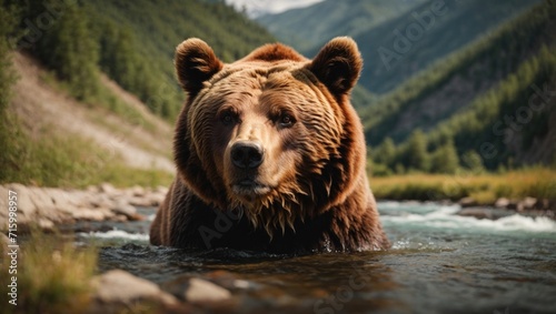 Wild brown bear in the water. Big bear face portrait, close up © SD Danver