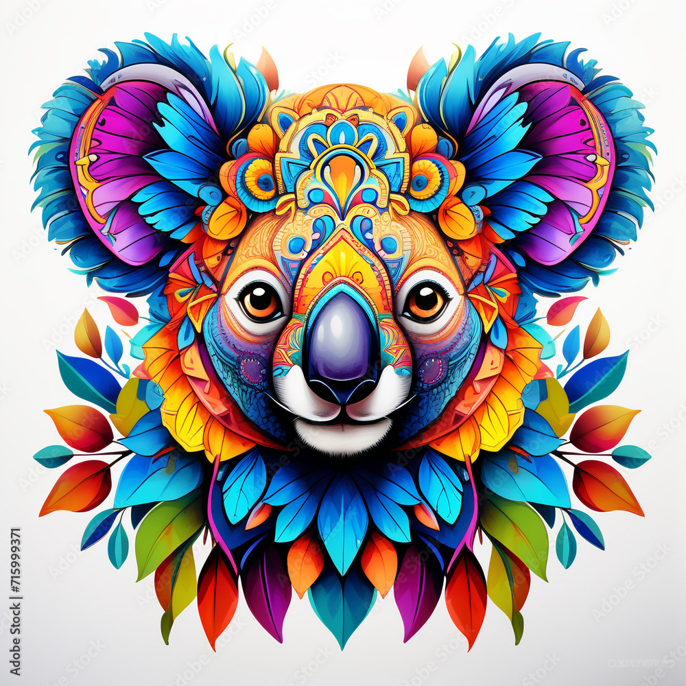 a colorful Koala face isolated on white. mandala art