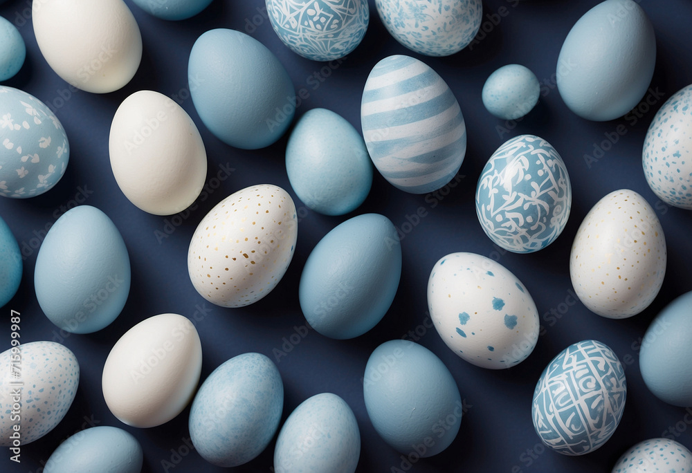 A serene Easter background featuring delicately painted eggs with a white and blue palette, ideal for festive holiday designs. A serene Easter background featuring delicately painted eggs with a white and blue palette, ideal for festive holiday designs.