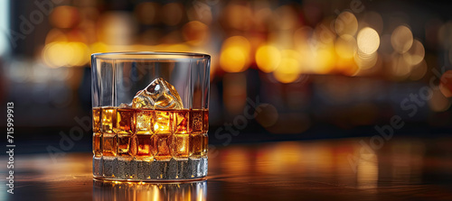 Glass of whiskey with ice on a wooden bar counter. Classic whiskey in a glass in a dim bar with copy space.