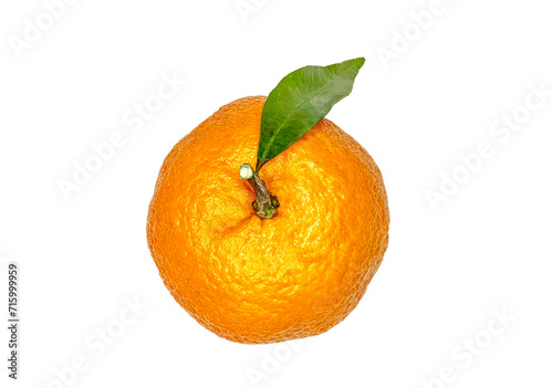 top view of mandarin with a leaf on transparent background