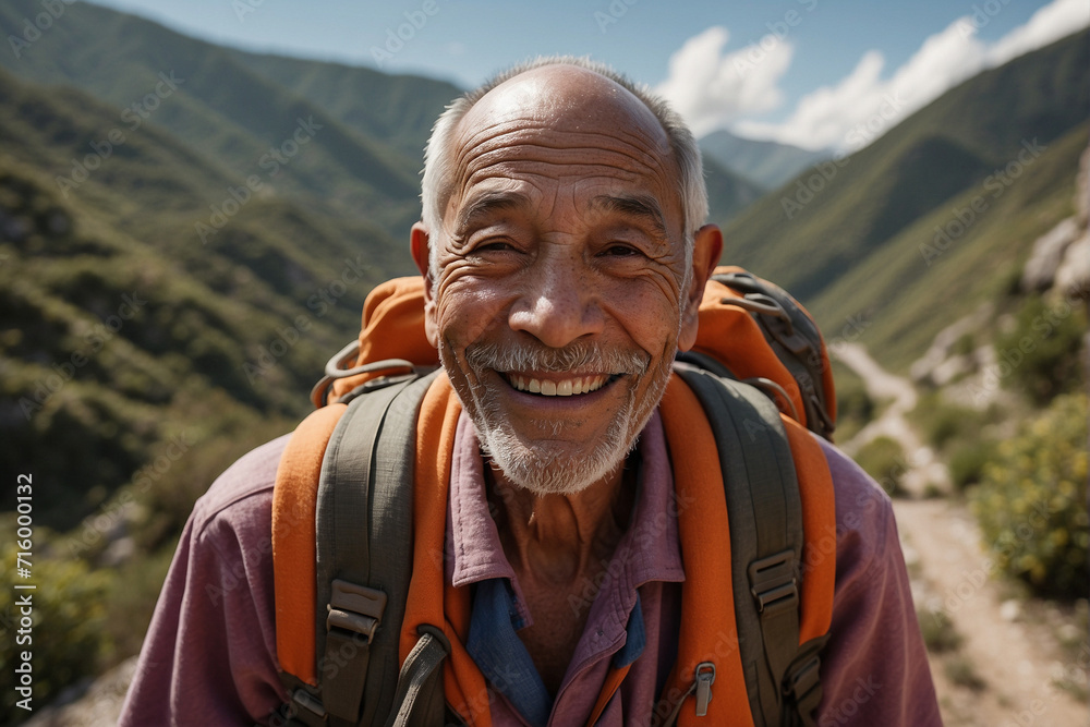 A portrait of a senior man, backpack in tow, looking directly at the camera with a genuine and cheerful smile.