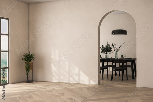 Modern interior design of apartment, dining room with table and chairs, empty living room with beige wall, panorama, arch.