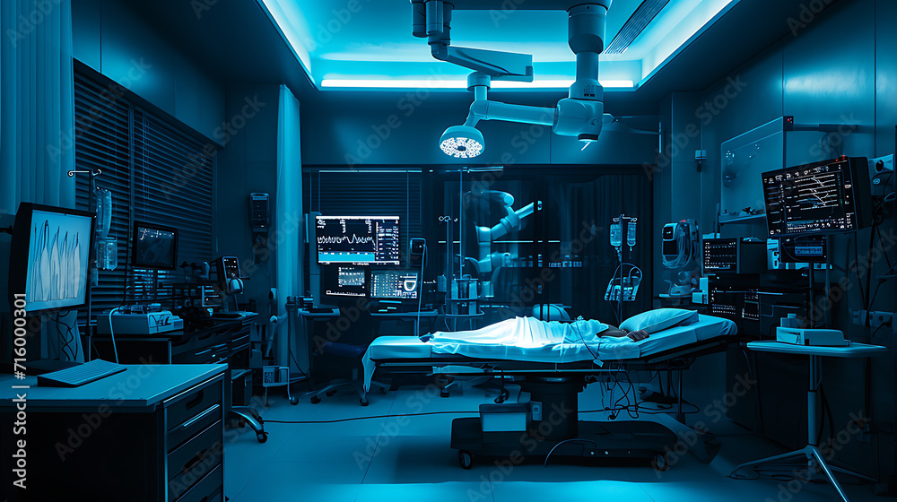 Um quarto de hospital estéril e levemente iluminado é preenchido pelo brilho azul frio dos monitores e equipamentos médicos avançados - obrazy, fototapety, plakaty 